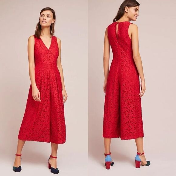 Anthropologie Pants - Moulinette Soeurs Anthropologie Jaeda Red Lace Wide Leg Jumpsuit Size 12